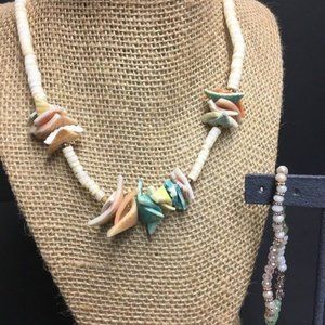 Shell Puka Necklace Bracelet Set White Pink Blue Yellow Salmon Gold Stretch BoHo